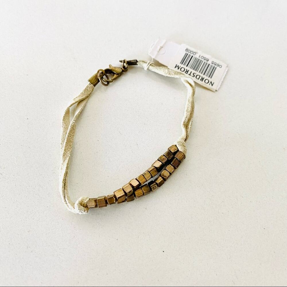 NEW Y2K VINTAGE NORDSTROM White Cream Tan Cord Gold Brass Bead Bracelet Jewelry